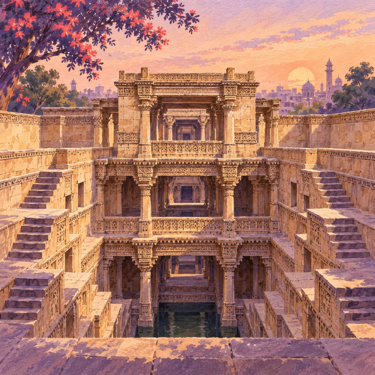 Hand-painted illustration of Adalaj Stepwell in Ahmedabad