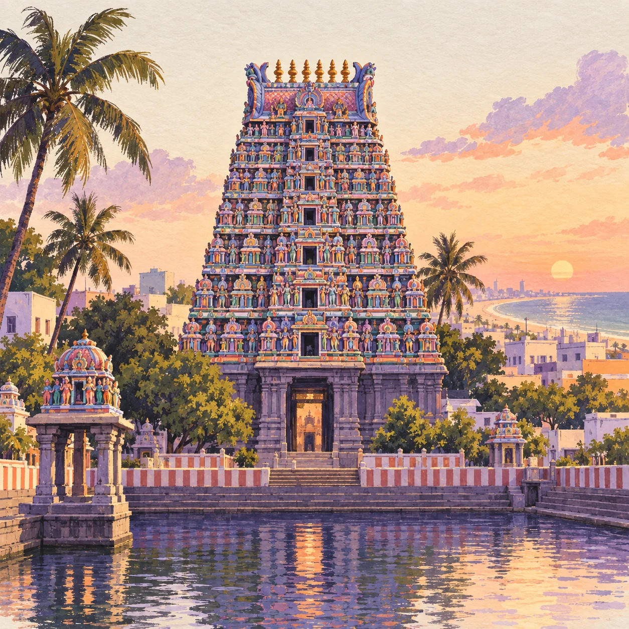 Hand-painted illustration of Kapaleeshwarar Temple in Chennai