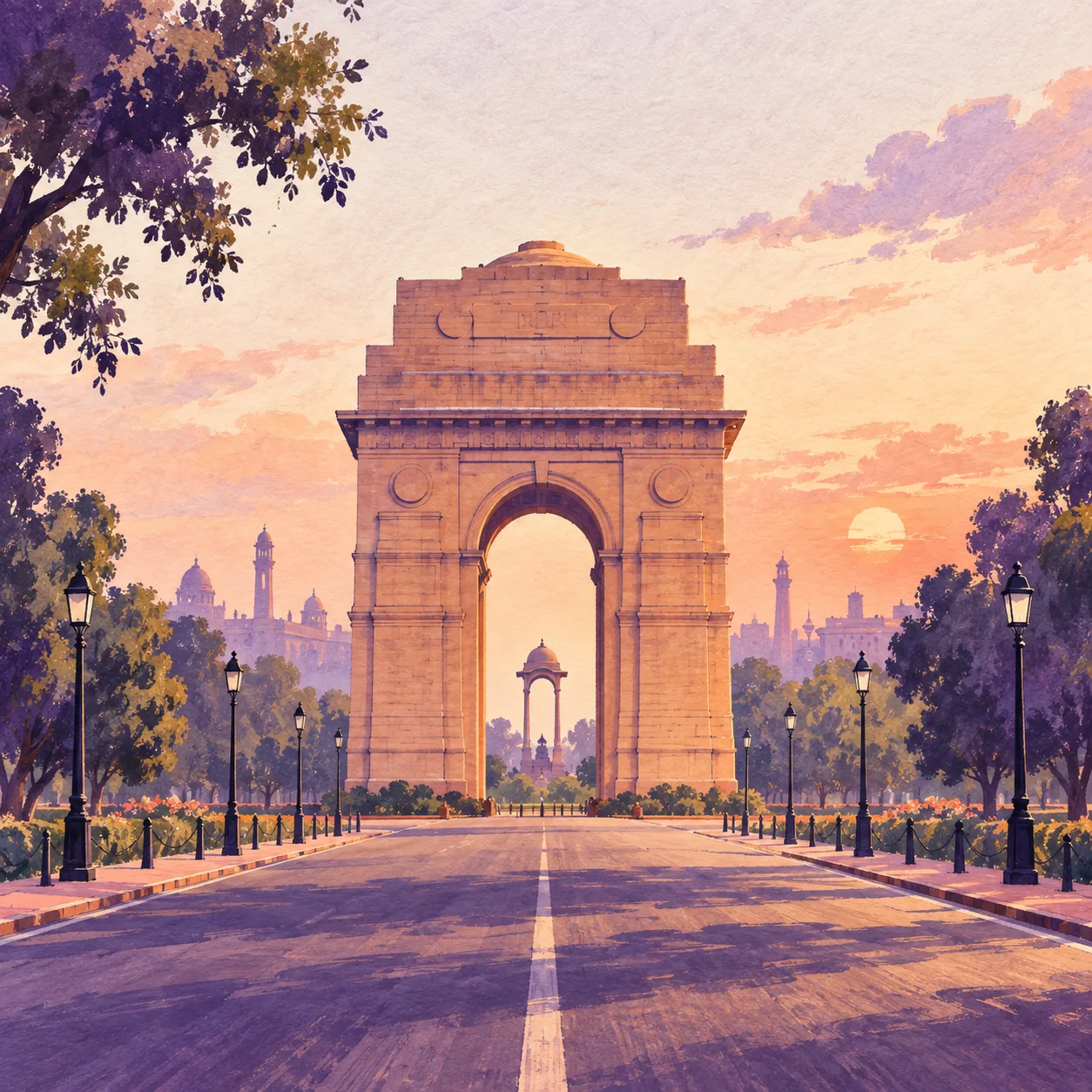 Hand-painted illustration of India Gate in Delhi