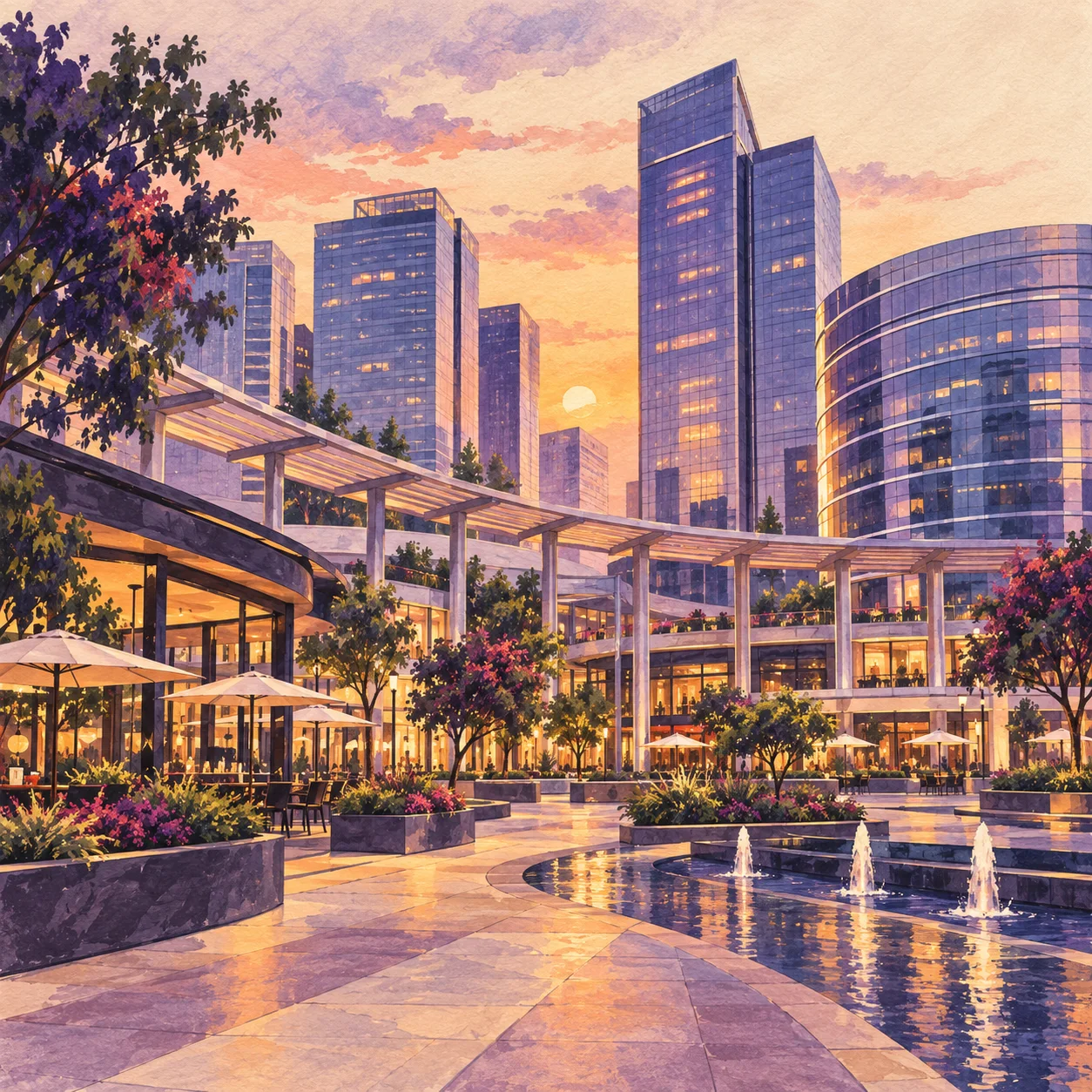 Hand-painted illustration of Cyber Hub in Gurgaon