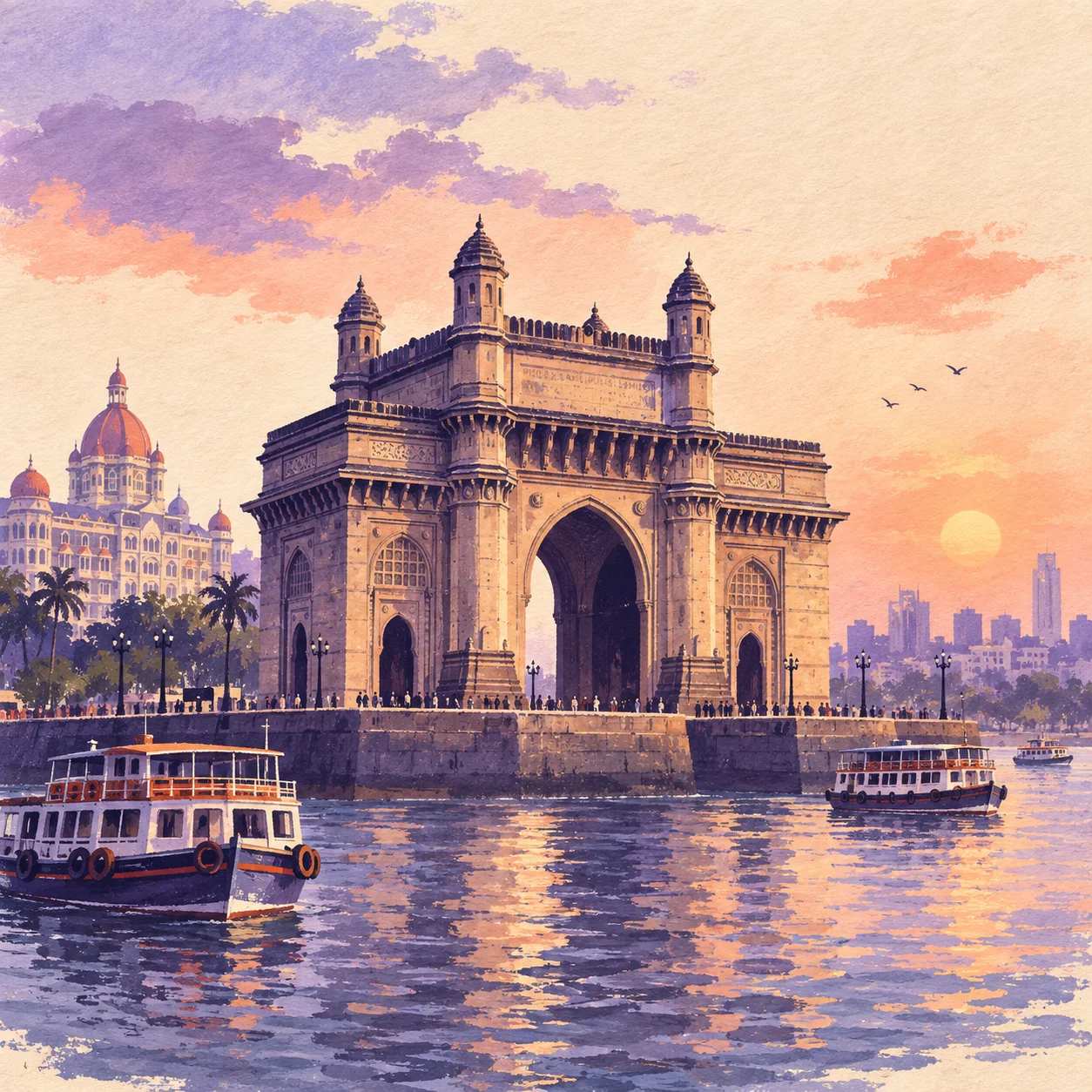Hand-painted illustration of Gateway of India in Mumbai