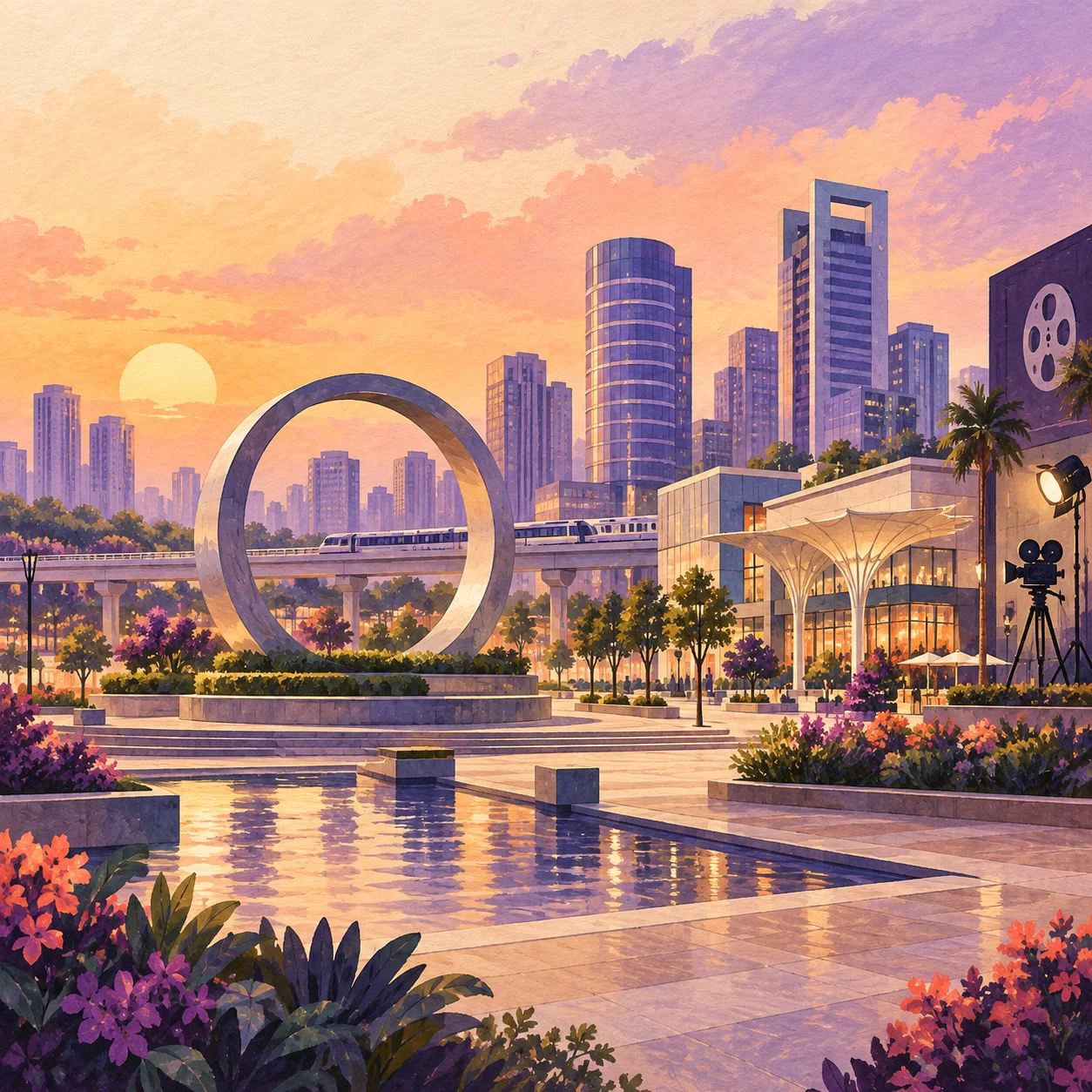 Hand-painted illustration of Noida cityscape in Noida