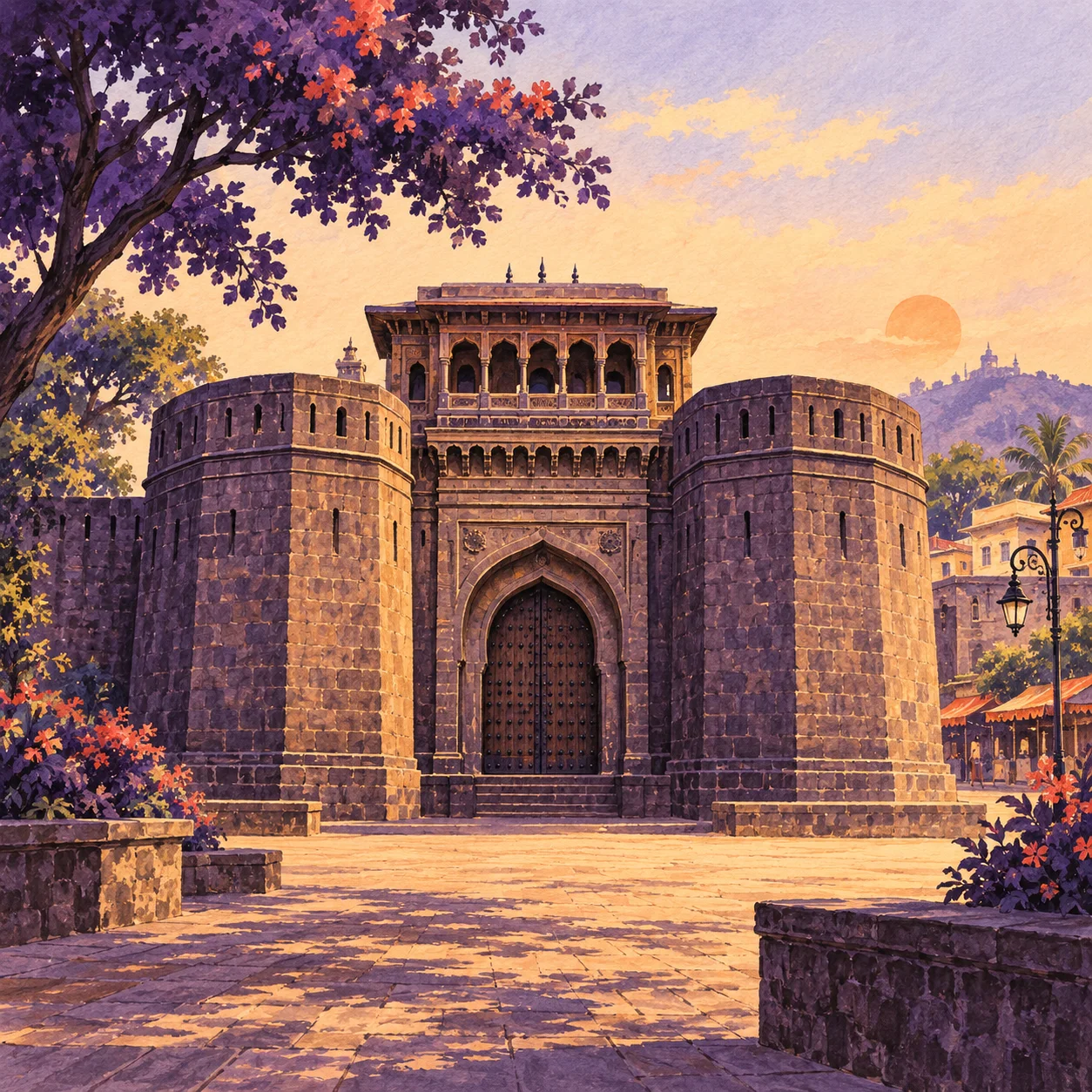 Hand-painted illustration of Shaniwar Wada in Pune