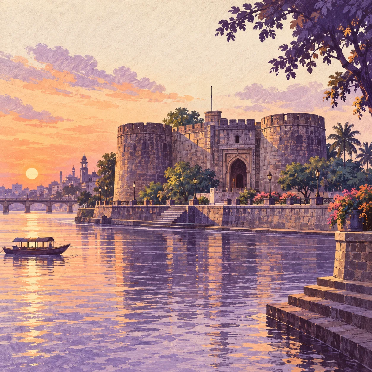 Hand-painted illustration of Surat Castle in Surat