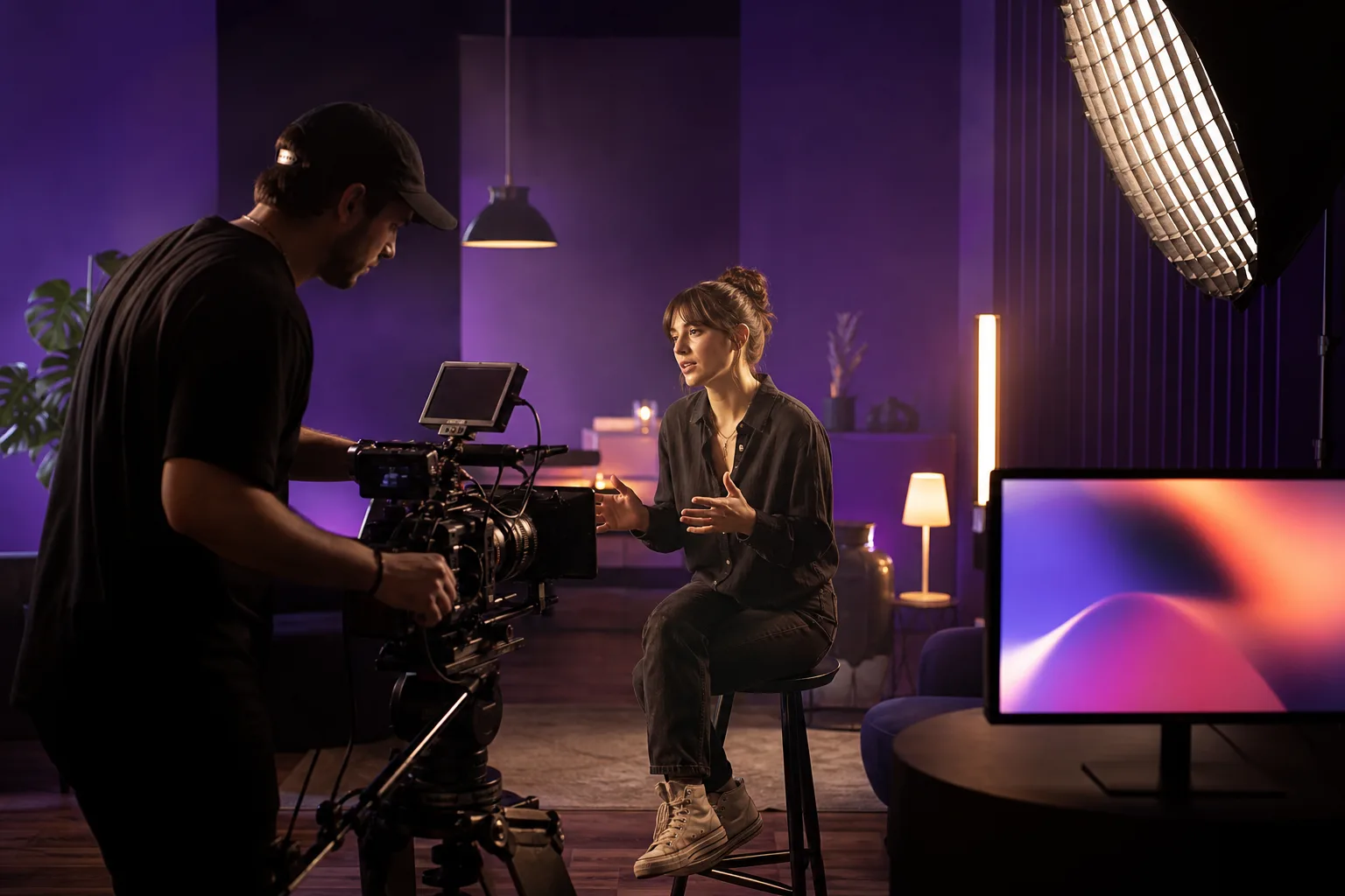 Creator and filmmaker collaborating on a YouTube production set