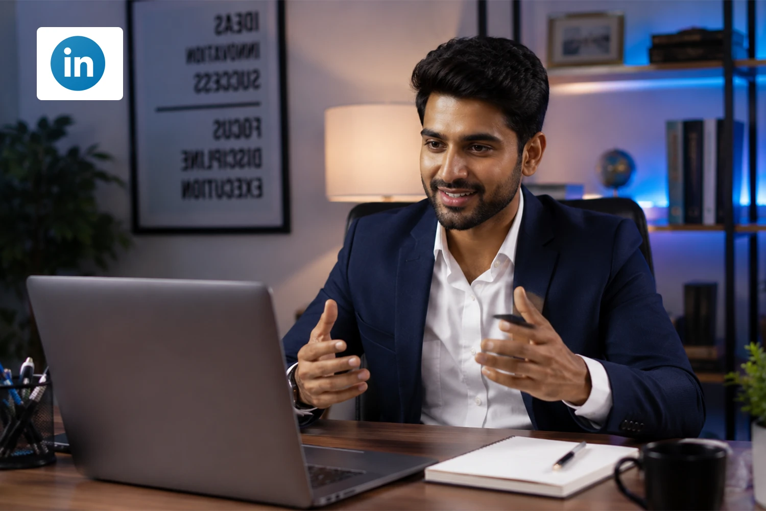 LinkedIn corporate leader and podcast host in modern glass office studio