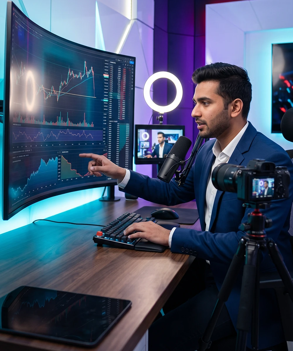 INDmoney creator campaign visual showing finance education in a studio