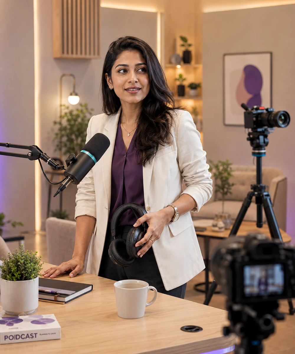 Podcast host recording a video conversation in a studio