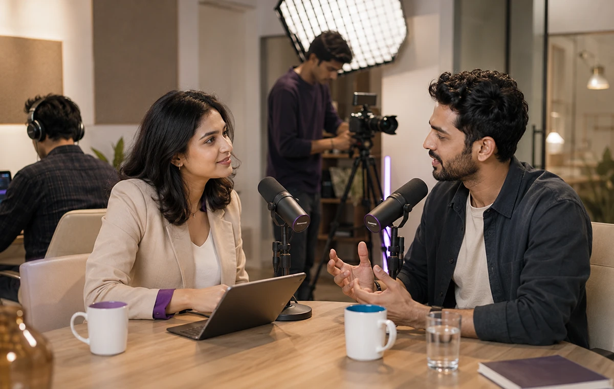 Creator preparing a considered story for a filmed conversation