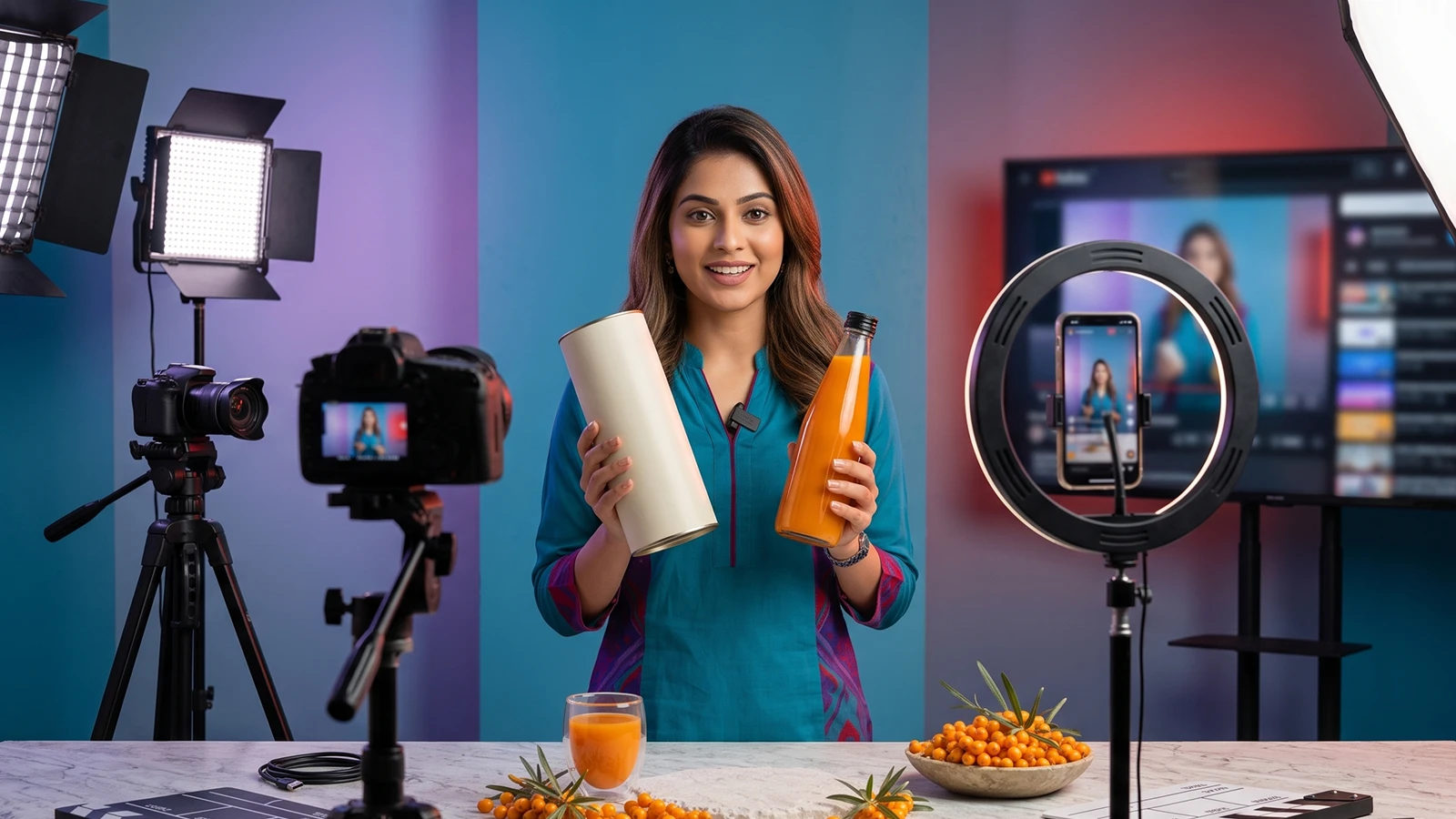 WellWith creator holding wellness products in a creator studio