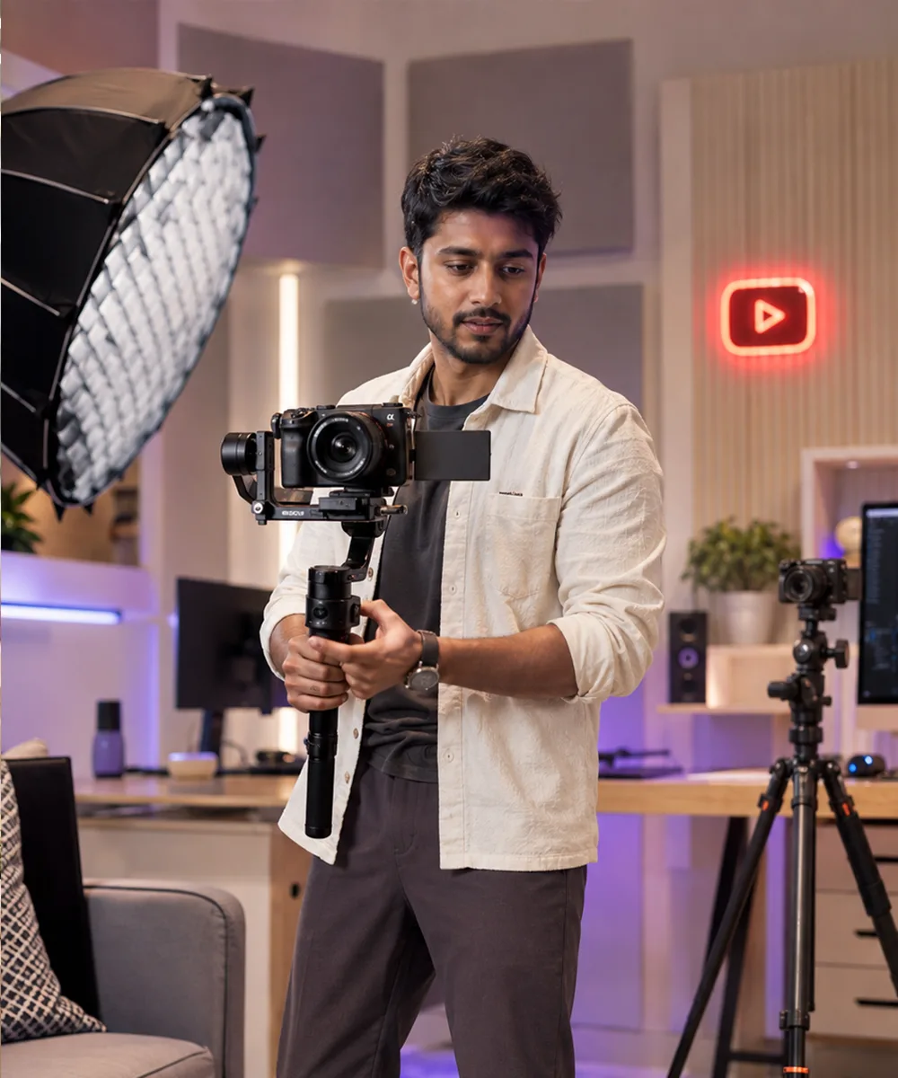 YouTube creator filming in a production studio