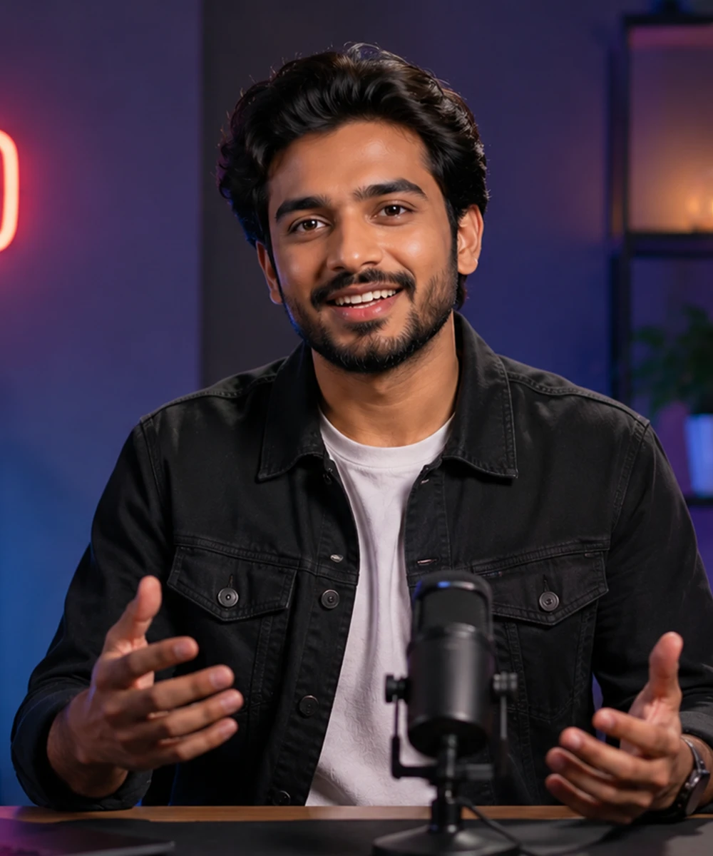 YouTube creator presenting a video production from a studio