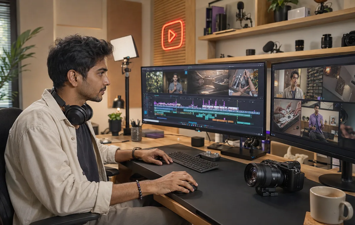 Video editor shaping a YouTube episode across two monitors