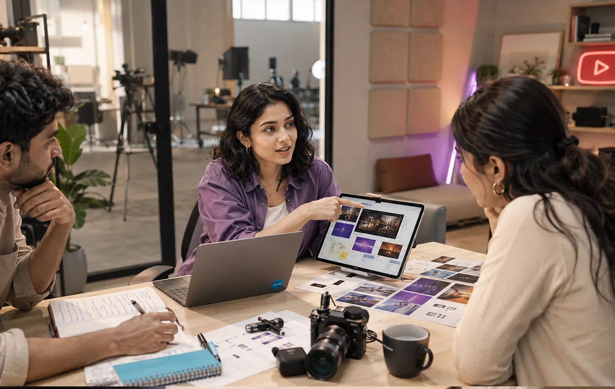 Content team planning a YouTube show around a laptop