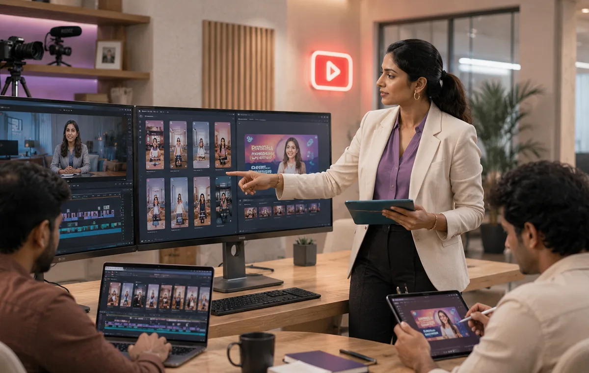 Content team reviewing a YouTube conversation on a screen
