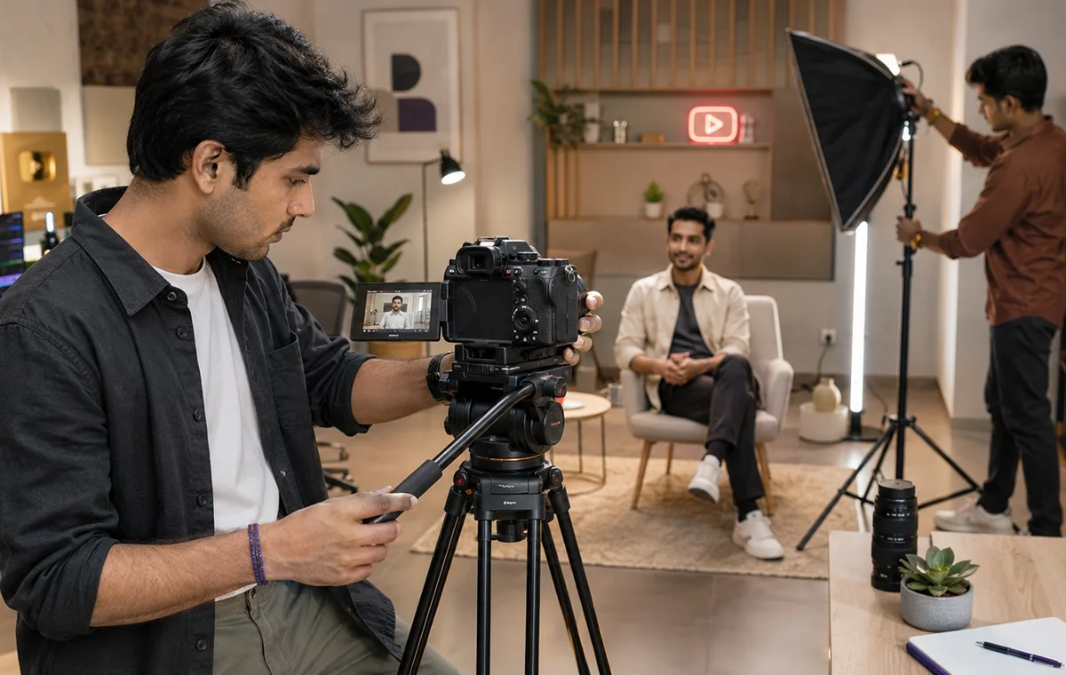 Cameraperson filming a creator in a YouTube studio